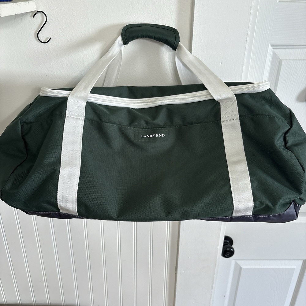 Vintage Lands' End Green White Duffel Bag Weekender Gym Travel Shoulder Strap